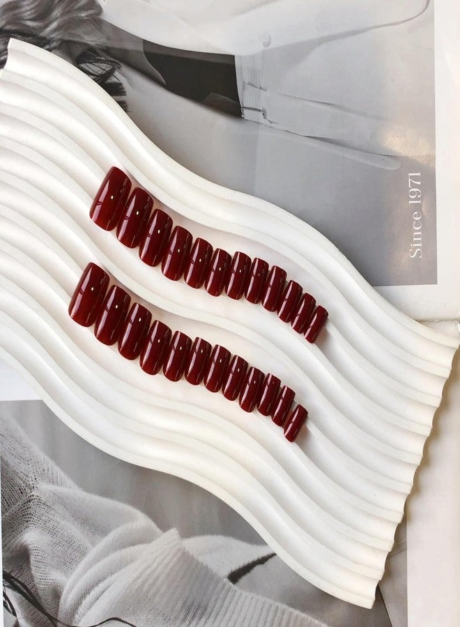 XCREANDO Burgundy Nails Press ons, Press on Nails Medium Square Glue on Nails Short Acrylic Glue on Medium Coffin Nail Gel Fake Nail False for Women, Thick Solid Color 24Pcs - Image 5